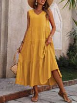 Vestido Midi Evasé para Mujer | Vestido de Verano Liso sin Mangas con Escote en V