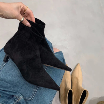 Botines Efecto Ante para Mujer | Botines de Invierno Tacón Bajo Punta Fina