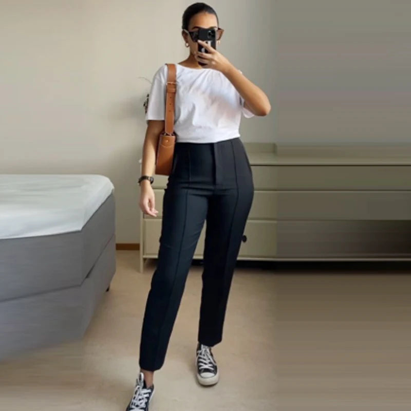 Pantalón Pitillo Negro de Tiro Alto para Mujer | Tobillero Elegante de Oficina