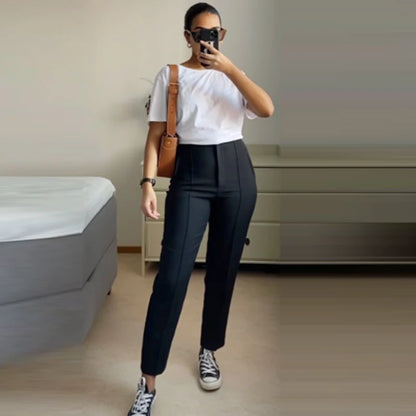 Pantalón Pitillo Negro de Tiro Alto para Mujer | Tobillero Elegante de Oficina