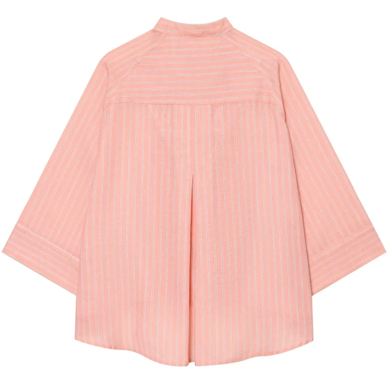 Camisa de Rayas Asimétrica para Mujer | Camisa de Cierre Cruzado y Cuello Mao