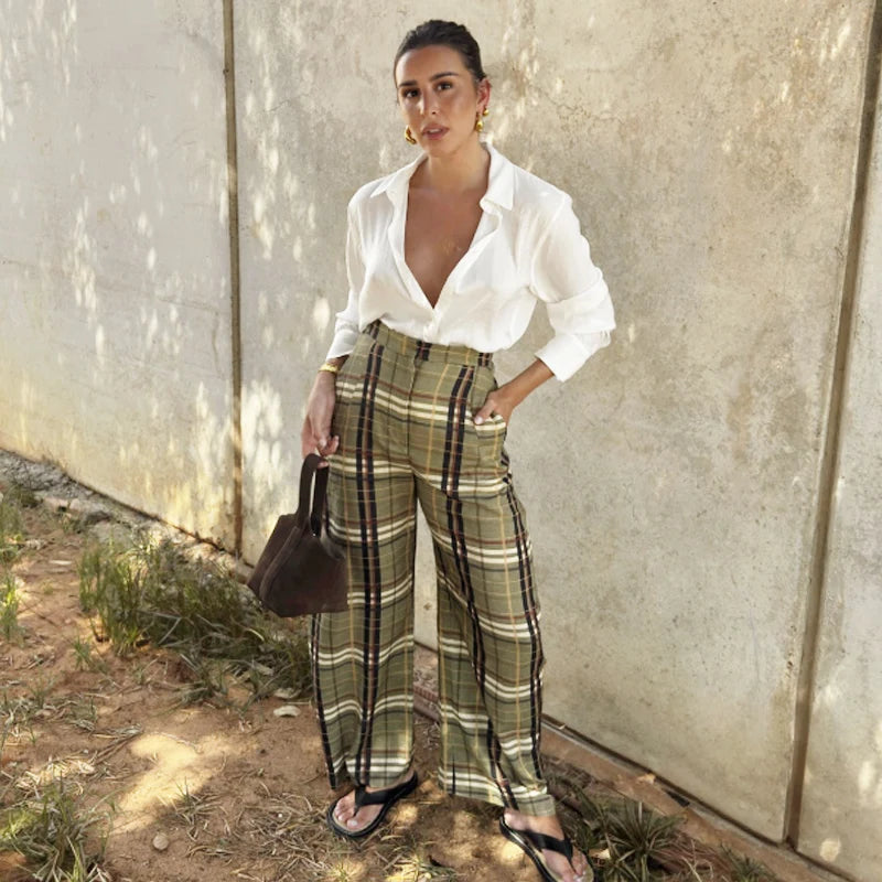 Pantalón Ancho de Cuadros para Mujer | Baggy Tobillero de Tiro Alto