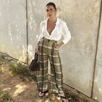 Pantalón Ancho de Cuadros para Mujer | Baggy Tobillero de Tiro Alto