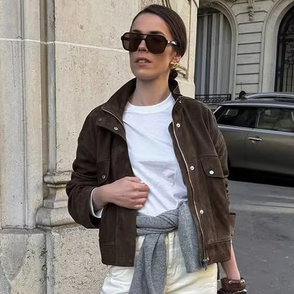Cazadora de Antelina para Mujer | Chaqueta Efecto Ante con Cuello Alto y Bolsillos