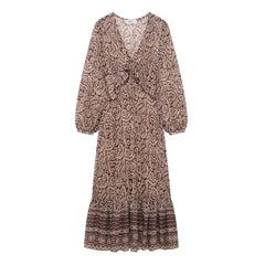 Vestido Midi Estampado para Mujer | Vestido Vintage de Manga Larga y Escote en V