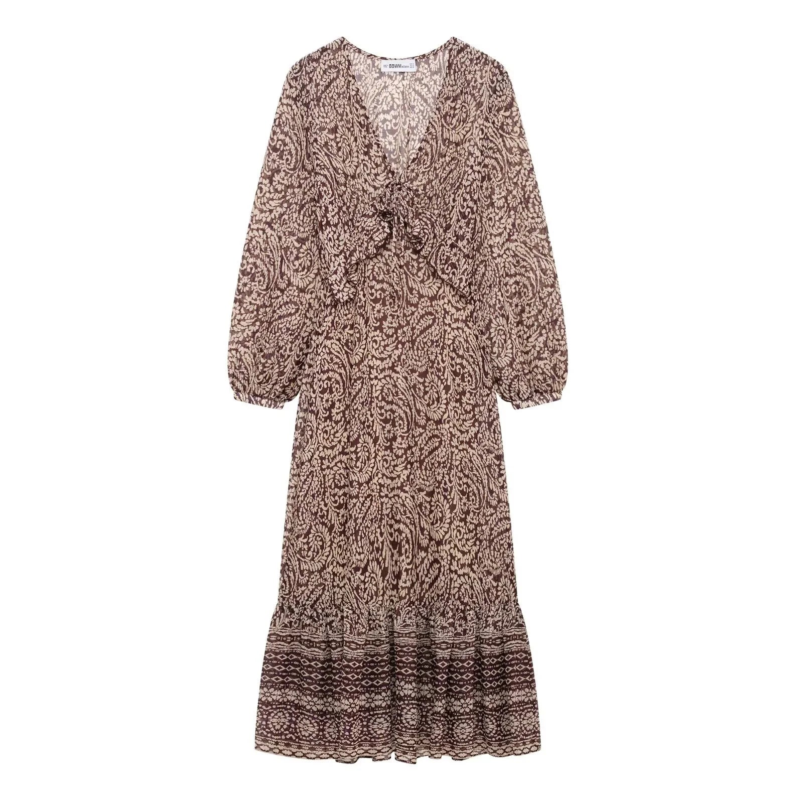 Vestido Midi Estampado para Mujer | Vestido Vintage de Manga Larga y Escote en V