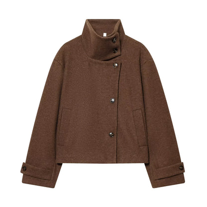 Abrigo Corto de Cuello Alto para Mujer | Chaquetón Efecto Paño con Botones Asimétricos