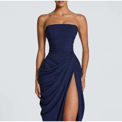 Vestido Largo Palabra de Honor para Mujer | Maxi Plisado de Verano con Abertura