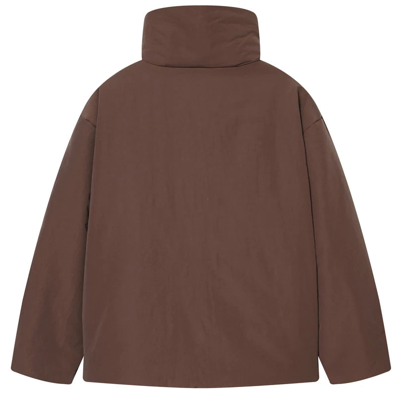Chaqueta Acolchada Corta Marrón para Mujer | Chaquetón Cuello Alto con Cordón