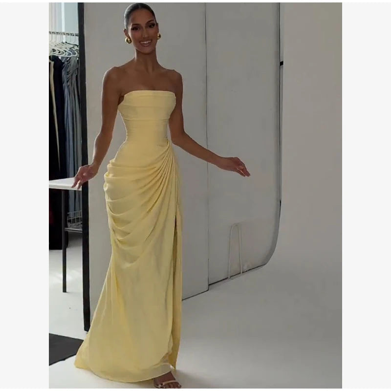 Vestido Largo Palabra de Honor para Mujer | Maxi Plisado de Verano con Abertura