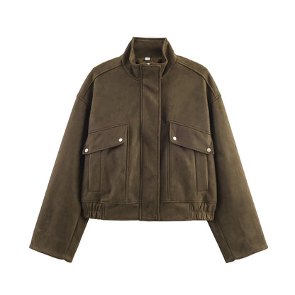 Cazadora de Antelina para Mujer | Chaqueta Efecto Ante con Cuello Alto y Bolsillos