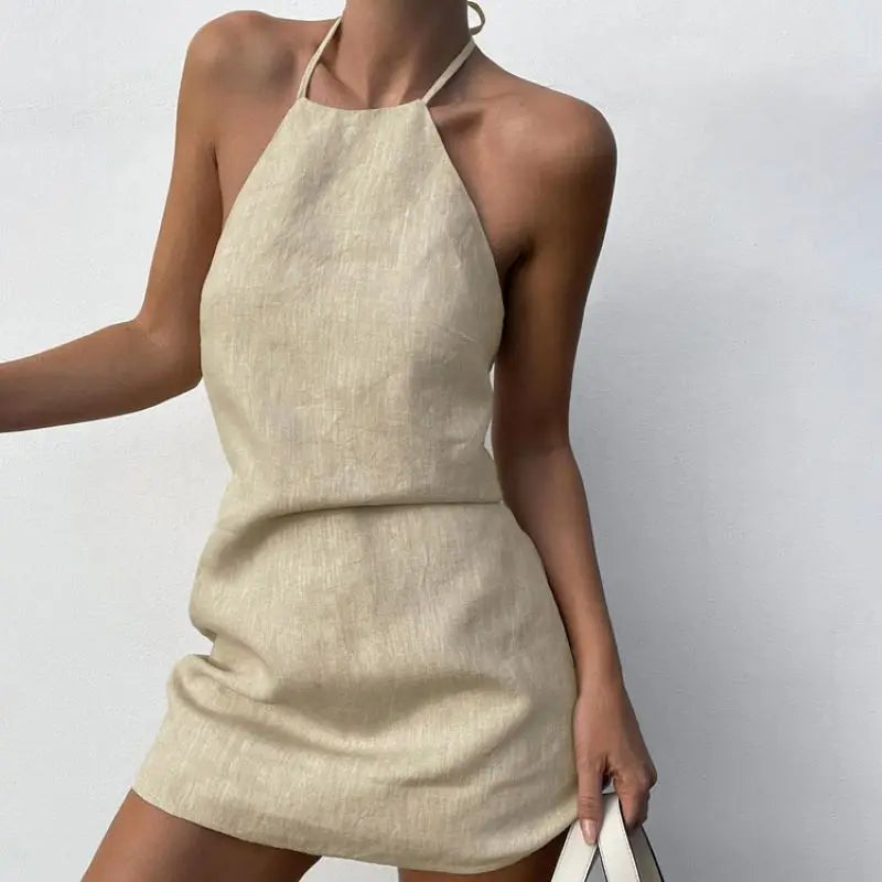 Vestido Corto de Lino Halter para Mujer | Vestido de Verano Espalda Descubierta