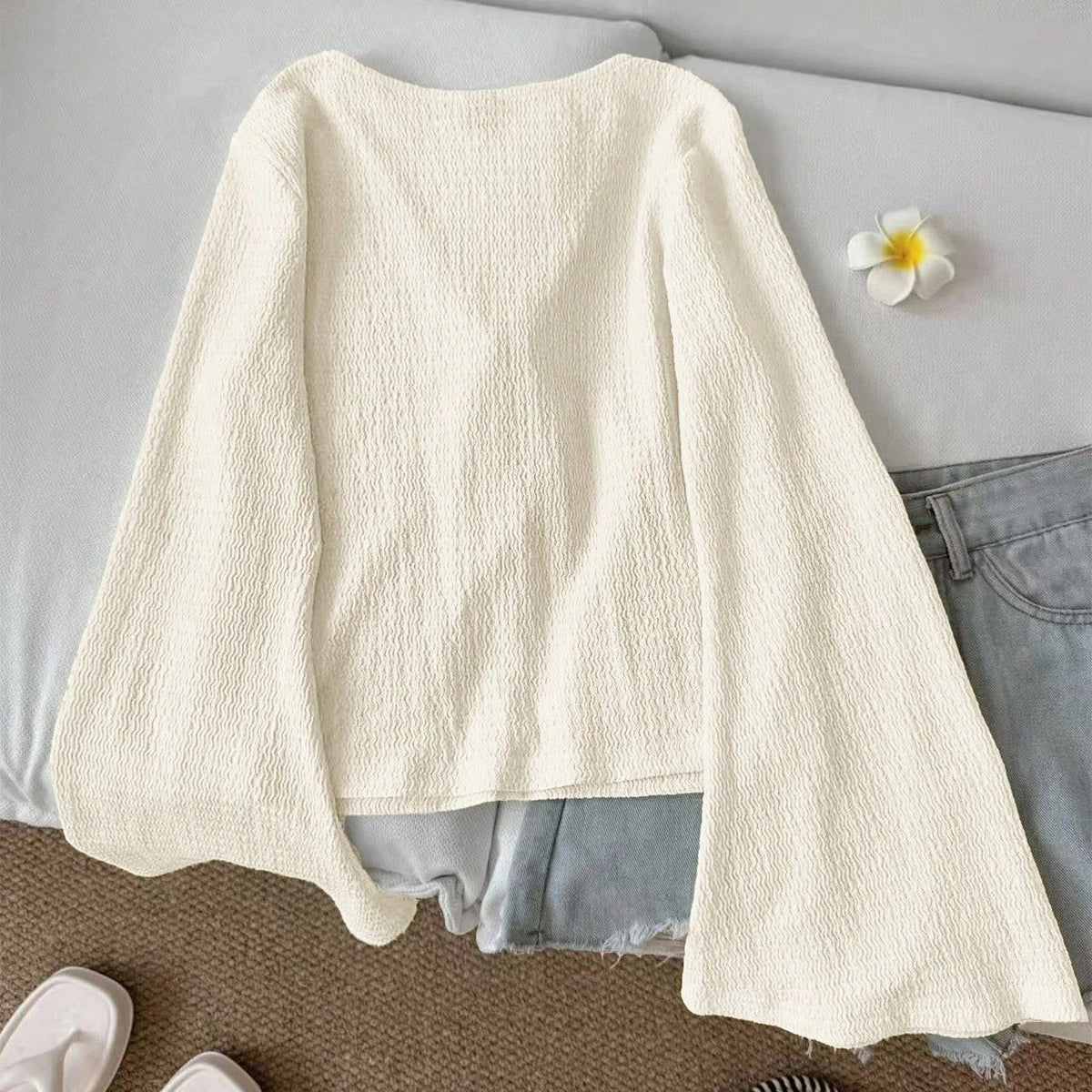 Blusa de Punto con Lazada para Mujer | Manga Farol y Escote de Pico