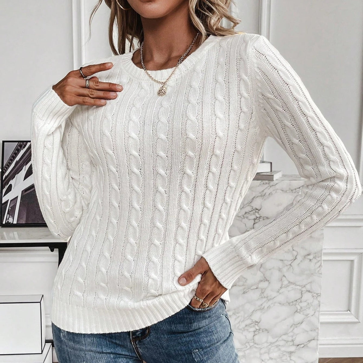 Jersey de Punto Trenzado Blanco para Mujer | Ochos Cuello Redondo de Otoño