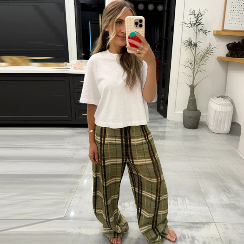 Pantalón Ancho de Cuadros para Mujer | Baggy Tobillero de Tiro Alto