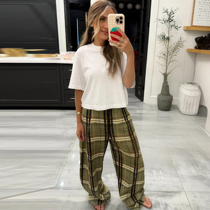 Pantalón Ancho de Cuadros para Mujer | Baggy Tobillero de Tiro Alto