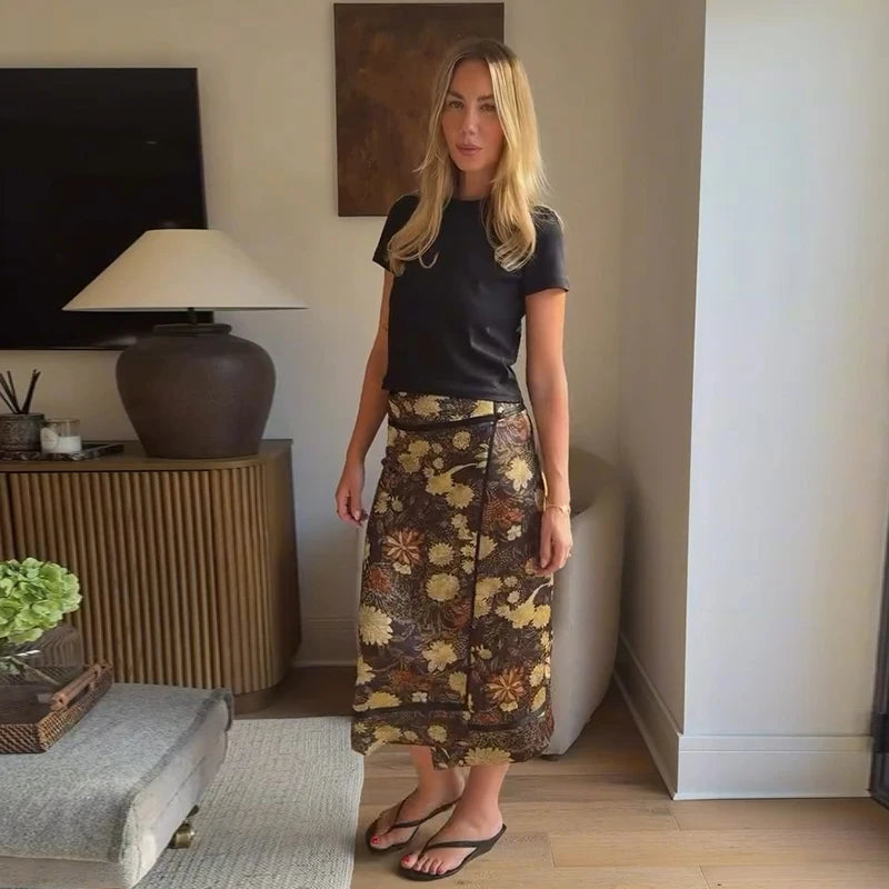 Falda Midi Cruzada para Mujer | Estampado Floral en Tonos Tierra