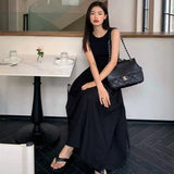 Vestido Largo Negro para Mujer | Escote Redondo, Sin Mangas con Bolsillos, Verano
