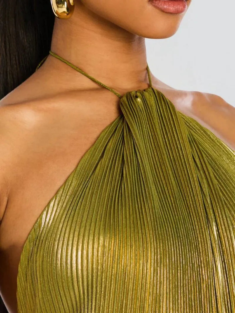 Vestido Largo Metalizado para Mujer | Maxi de Verano Halter Plisado con Abertura