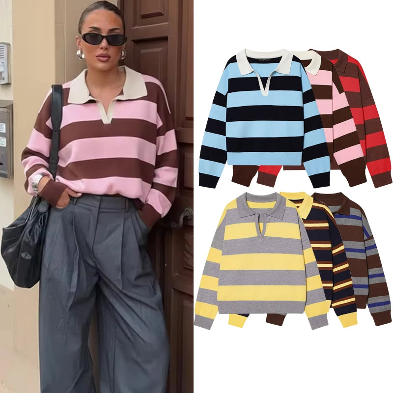 Jersey de Rayas Cuello Polo para Mujer | Oversize