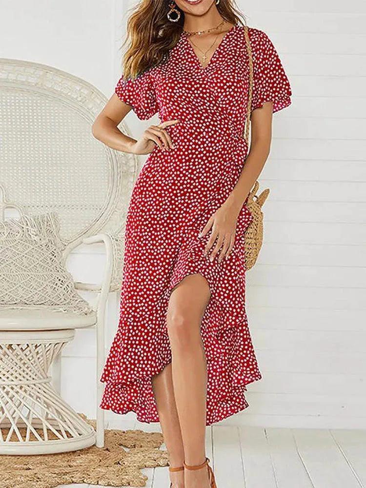 Vestido Largo Boho de Gasa para Mujer | Maxi de Playa Floral con Escote V y Abertura