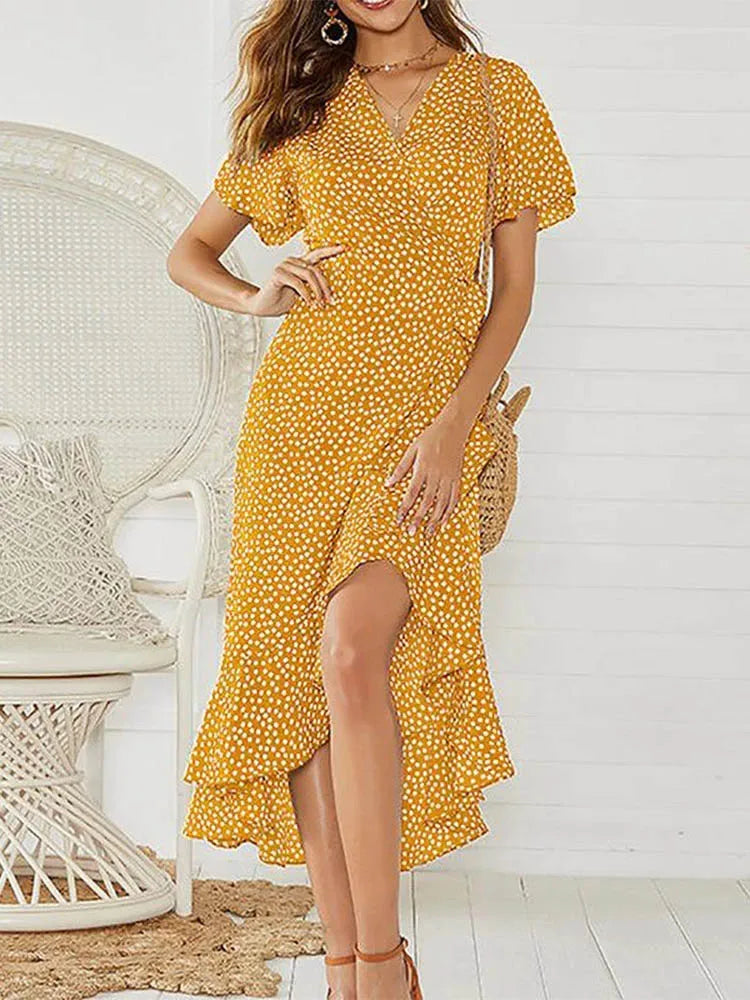 Vestido Largo Boho de Gasa para Mujer | Maxi de Playa Floral con Escote V y Abertura
