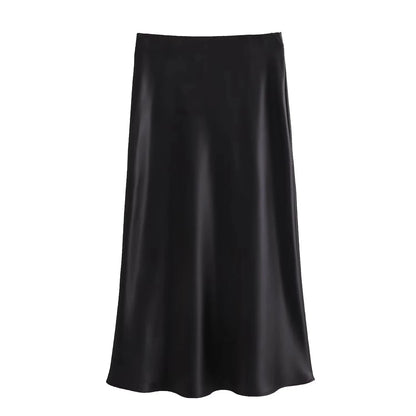 Falda Midi Satinada de Cintura Alta para Mujer | Falda Elegante Efecto Seda