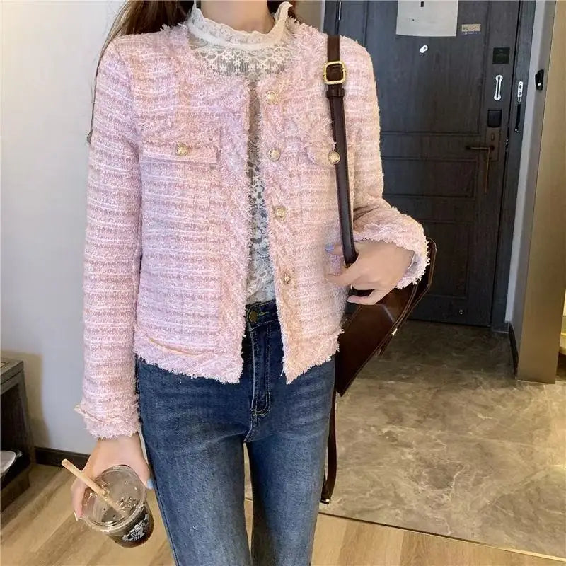 Chaqueta Tweed con Flecos para Mujer | Chaqueta Corta con Botones Dorados