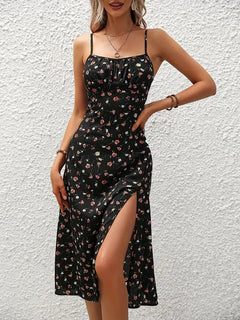 Vestido Midi de Flores con Tirantes para Mujer | Vestido Estampado de Verano Boho con Abertura