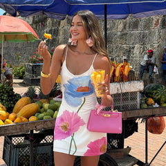 Vestido Corto Blanco de Flores para Mujer | Vestido de Verano de Tirantes Casual