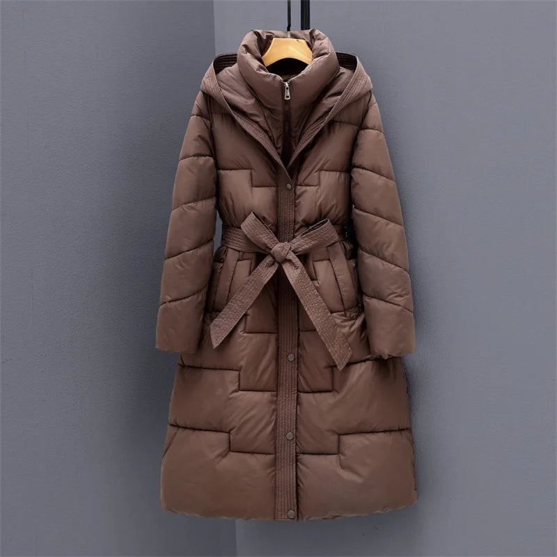 Abrigo Largo Acolchado con Capucha y Cinturón para Mujer | Cálido de Invierno