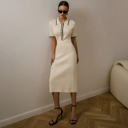 Vestido Maxi de Punto Ajustado para Mujer | Entallado de Manga Corta y Solapa