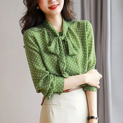 Blusa de Lunares con Lazada al Cuello para Mujer | Blusa Vintage Pussy Bow