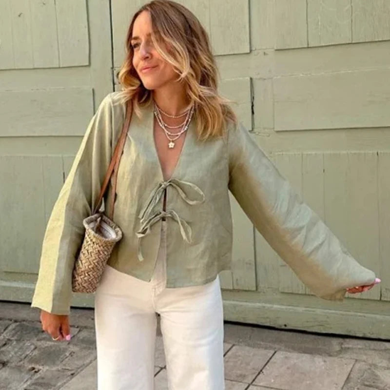 Blusa de Manga Larga para Mujer | Escote en Pico con Lazos, Ligera y Fluida de Verano
