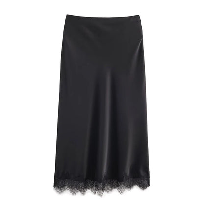 Falda Midi Plisada con Encaje para Mujer | Cintura Alta