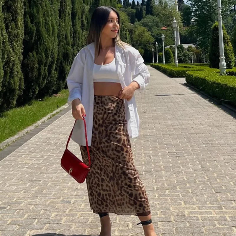 Falda Larga de Tul para Mujer | Estampado Leopardo de Cintura Alta