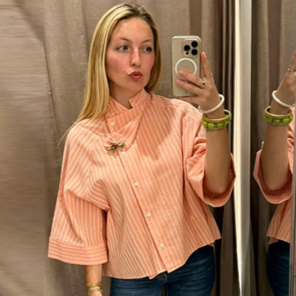 Camisa de Rayas Asimétrica para Mujer | Camisa de Cierre Cruzado y Cuello Mao