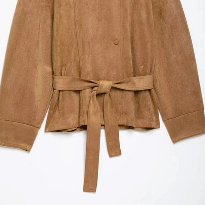 Chaqueta de Antelina para Mujer | Chaqueta Efecto Ante con Cuello Alto y Cinturón