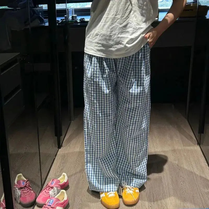 Pantalón Ancho de Cuadros para Mujer | Cintura Elástica, Pierna Ancha de Verano
