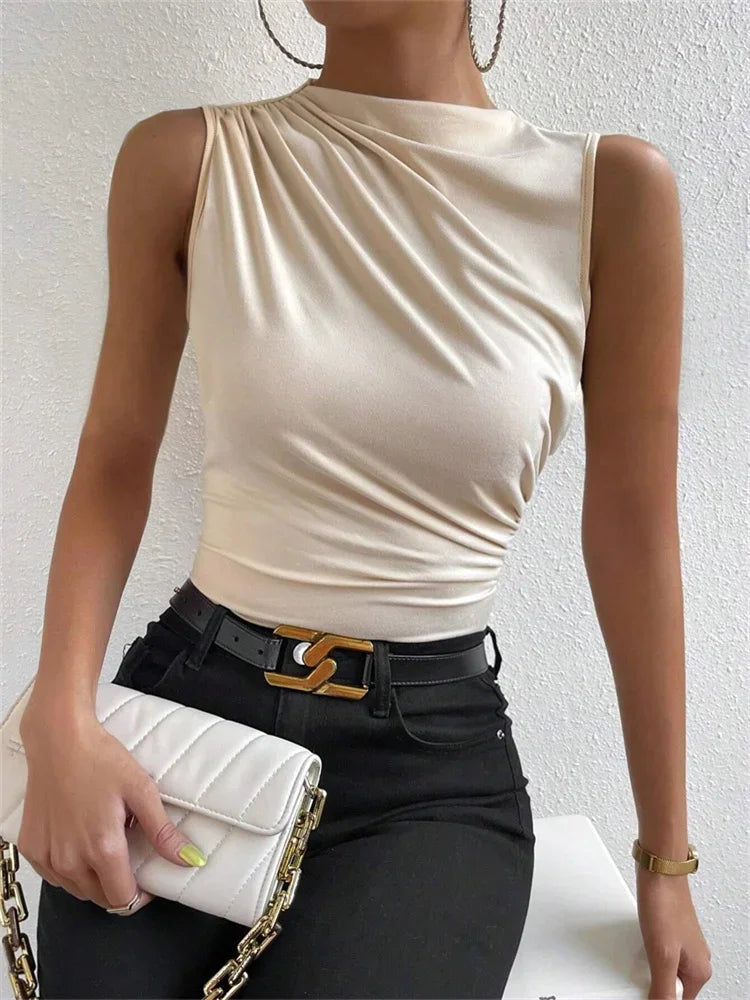 Top de Tirantes Fruncido para Mujer | Camiseta sin Mangas de Cuello Alto