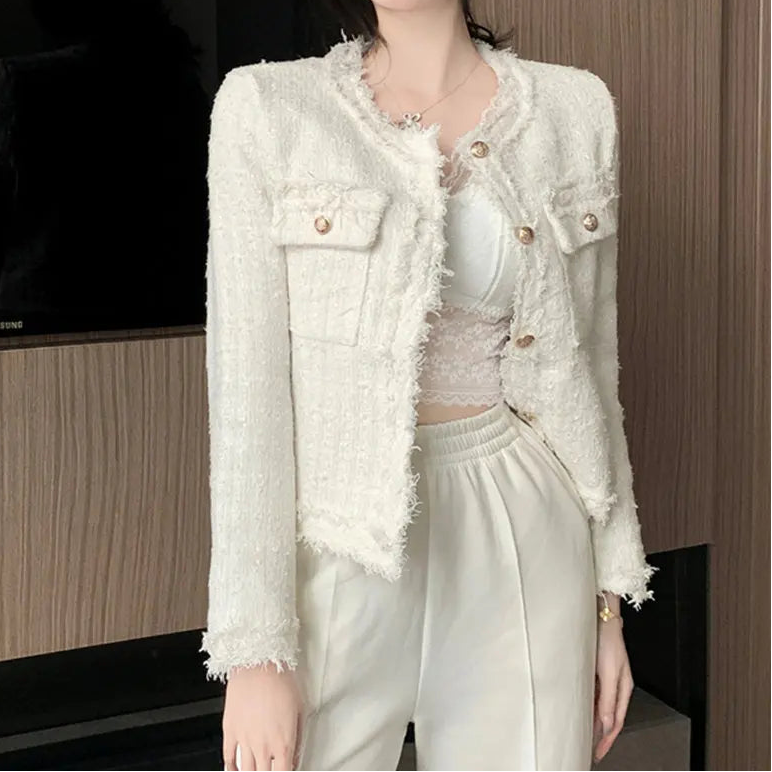 Chaqueta Tweed con Flecos para Mujer | Chaqueta Corta con Botones Dorados