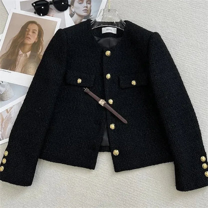 Chaqueta Tweed Negra para Mujer | Chaqueta Corta con Bolsillos y Botones Dorados
