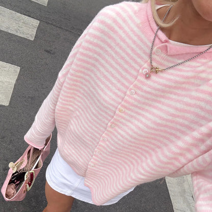 Cárdigan Largo Oversize de Rayas para Mujer | Punto Abierto con Botones