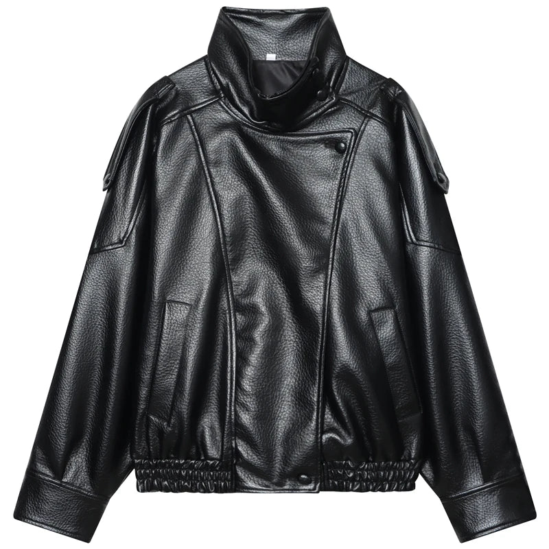 Chaqueta de Piel Sintética Oversize para Mujer | Bomber Motero de Cuello Alto