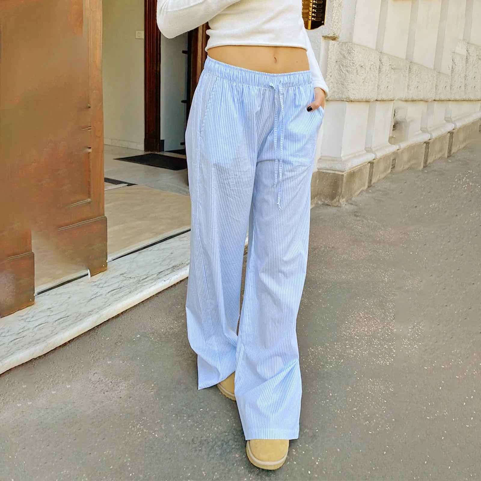Pantalón Ancho de Rayas para Mujer | Cintura Elástica, Corte Fluido con Bolsillos, Verano
