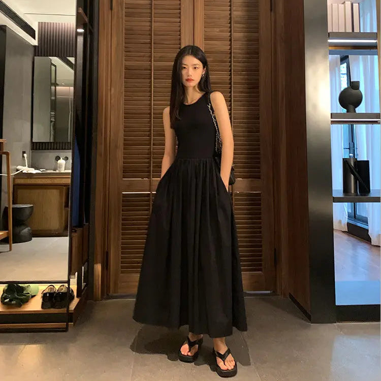 Vestido Largo Negro para Mujer | Escote Redondo, Sin Mangas con Bolsillos, Verano