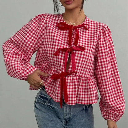Blusa de Cuadros Vichy para Mujer | Manga Farol con Lazos