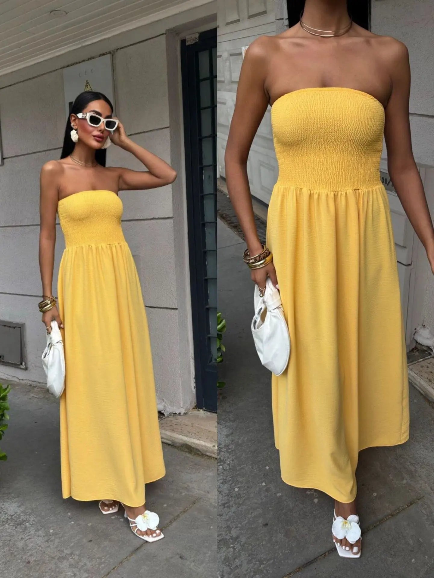 Vestido Largo de Verano para Mujer | Vestido Liso Palabra de Honor con Escote Bardot