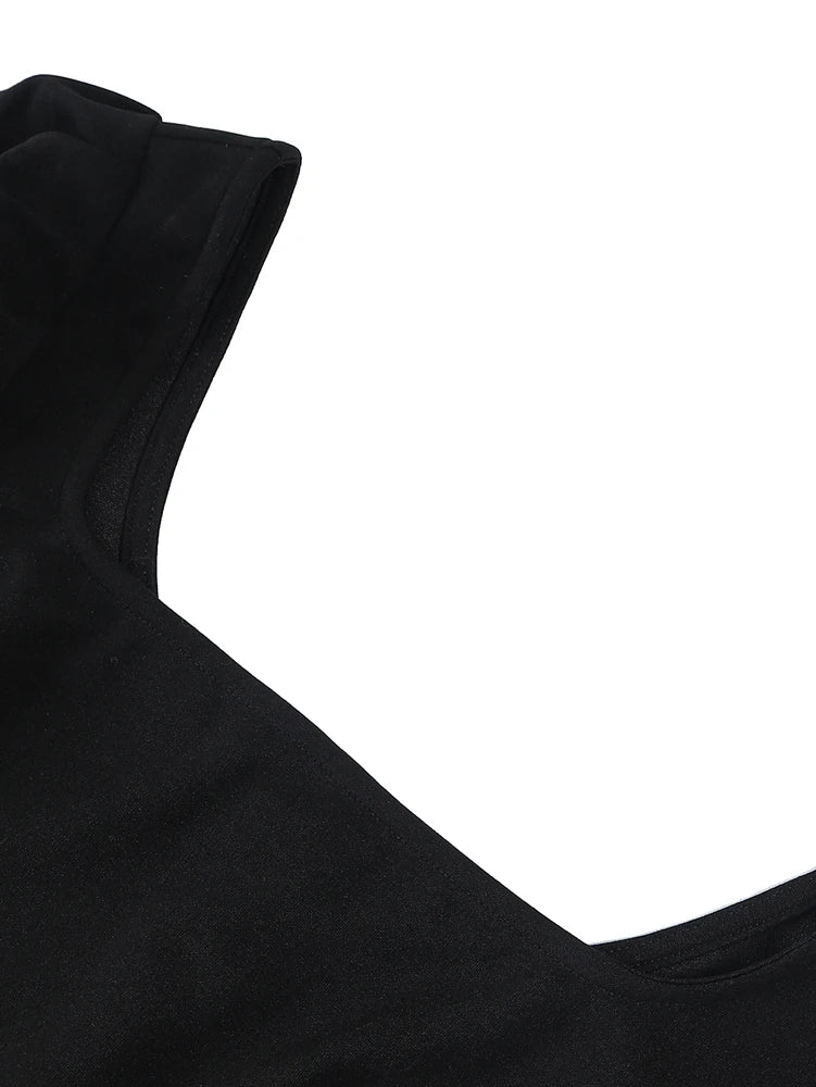 Vestido de Punto Negro Cuello Cuadrado para Mujer | Manga Larga