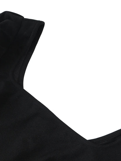 Vestido de Punto Negro Cuello Cuadrado para Mujer | Manga Larga